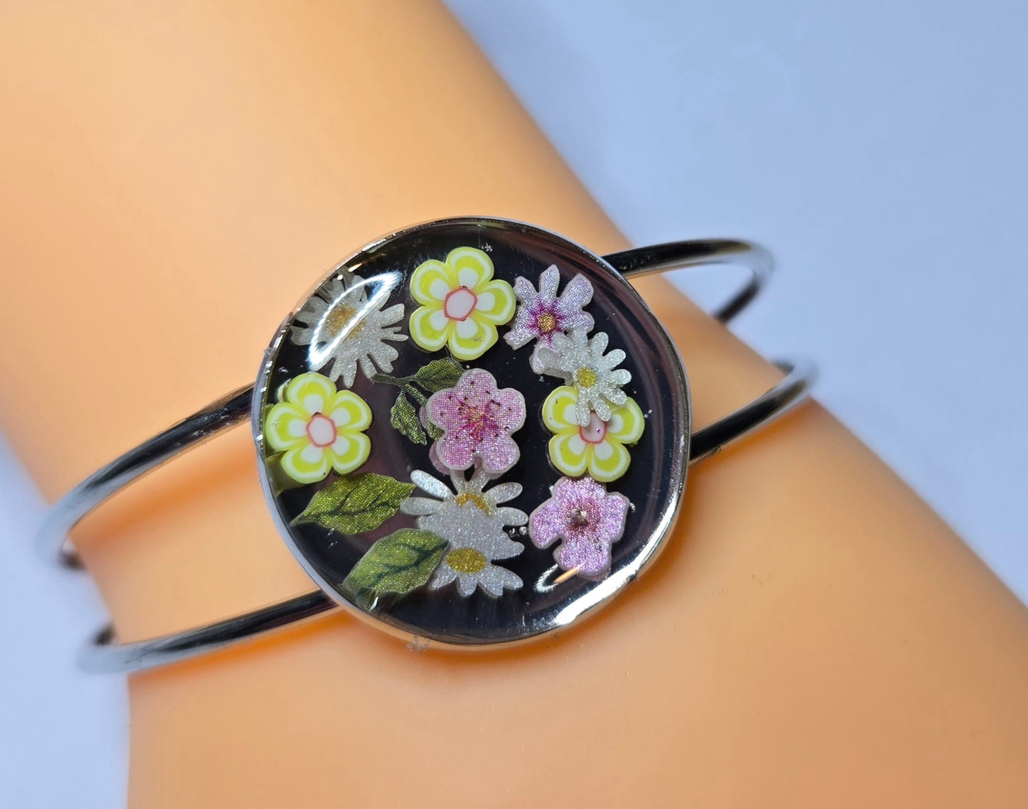 Yellow, Pink Floral Resin Bracelet