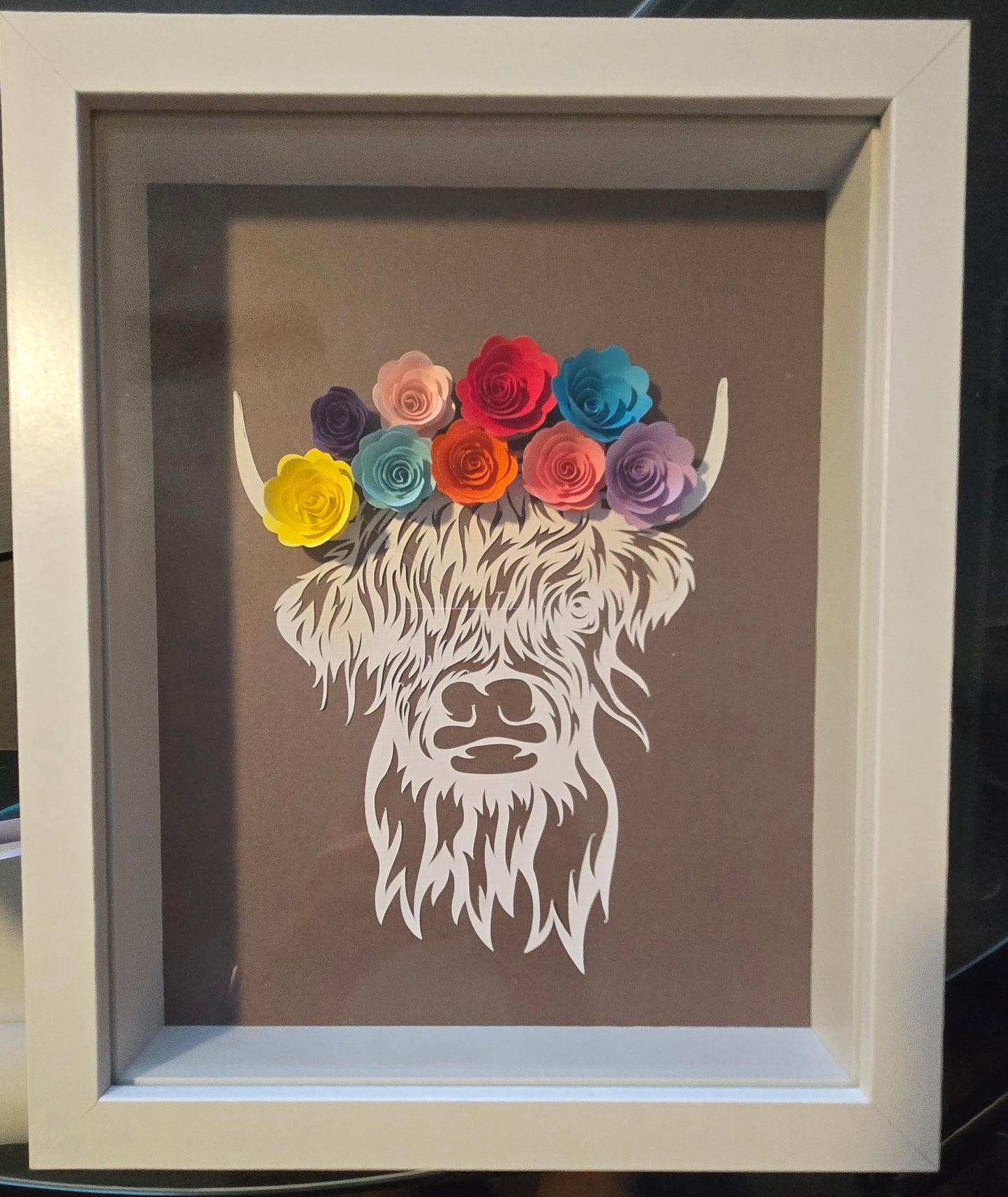 Highland Cow Shadow Box with rolled flowers