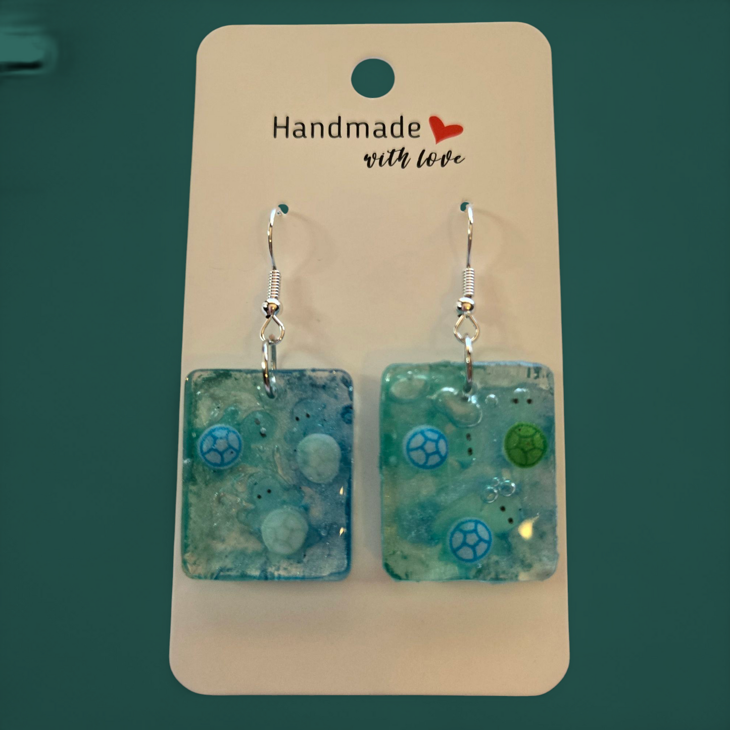 Blue Green Turtle Resin Drop Earrings