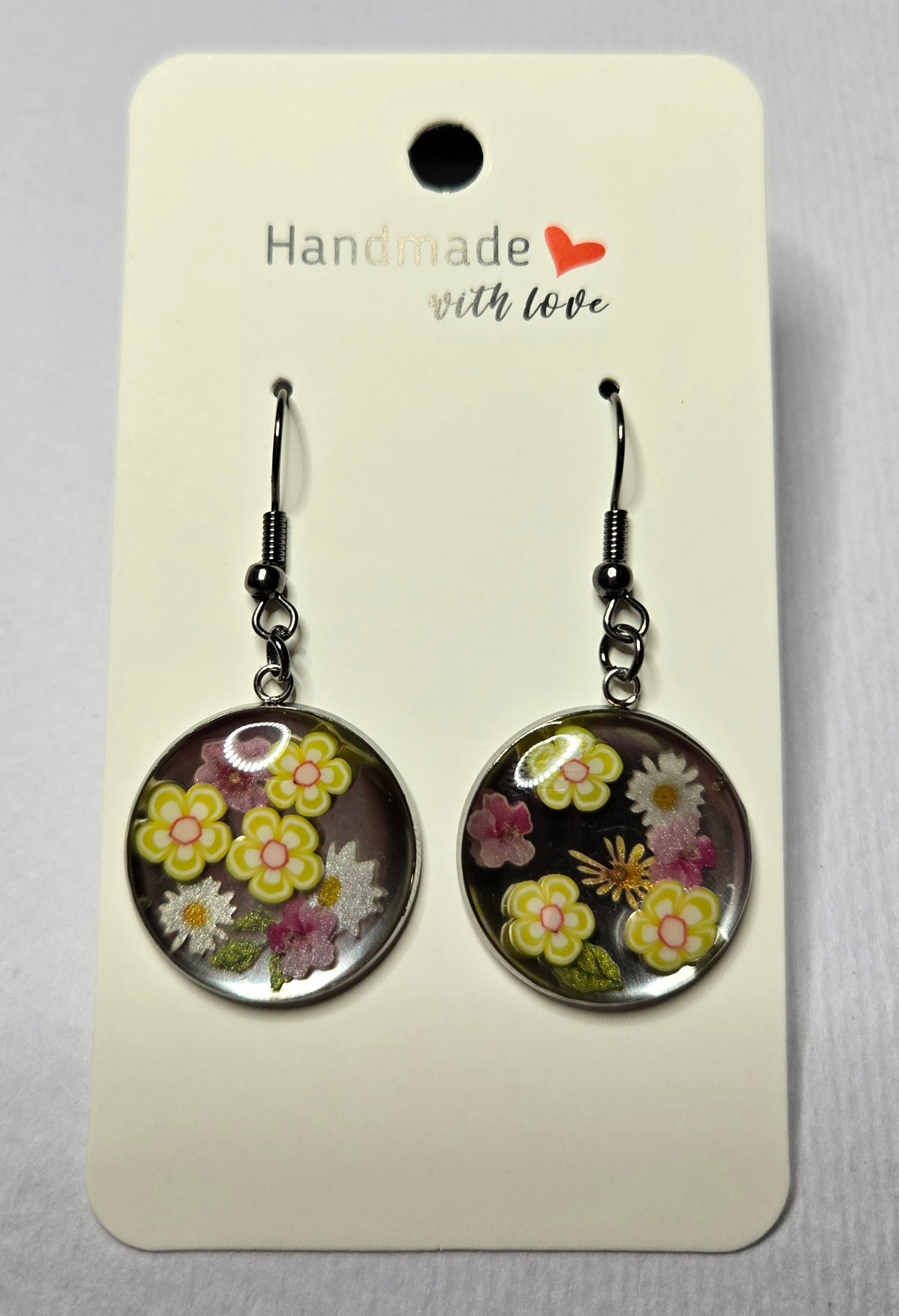 Pink Yellow Floral Resin Drop Earrings