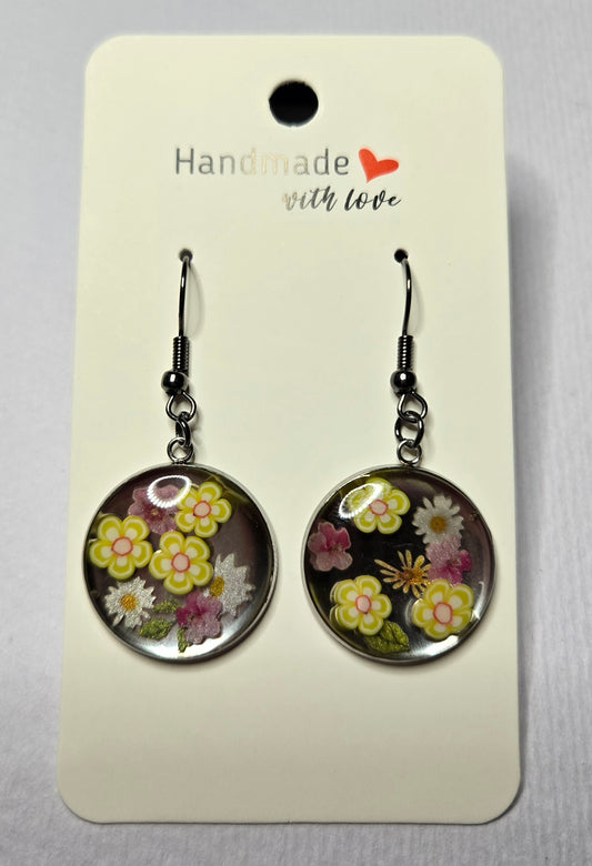 Pink Yellow Floral Resin Drop Earrings