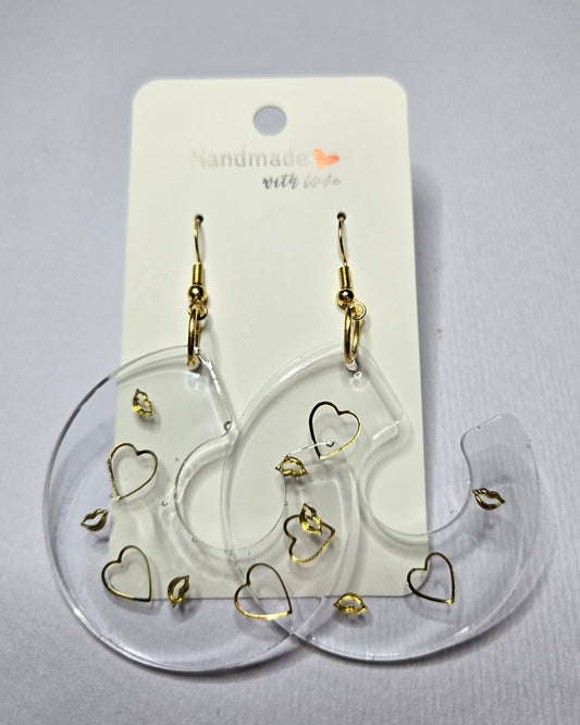 Half Circle Clear Gold Hearts & Kisses Resin Drop Earrings