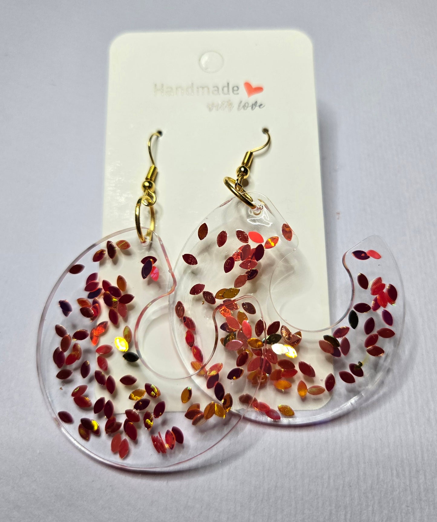 Half Circle Clear Red & Orange Glitter Resin Drop Earrings