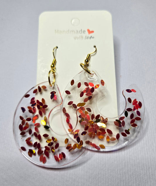 Half Circle Clear Red & Orange Glitter Resin Drop Earrings