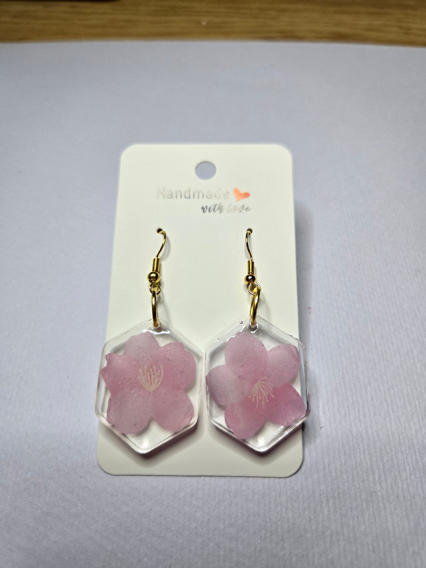 Hexagon Pink Floral Resin Drop Earrings