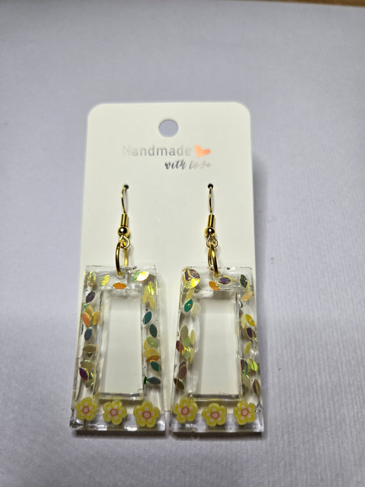 Rectangle Yellow Floral and Gold Glitter Resin Drop Earrings