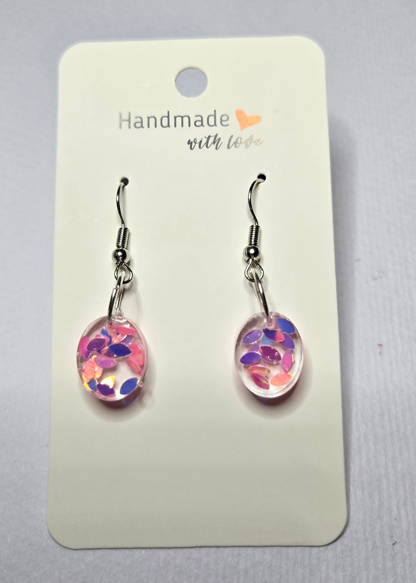 Oval Pink Glitter Resin Drop Earrings