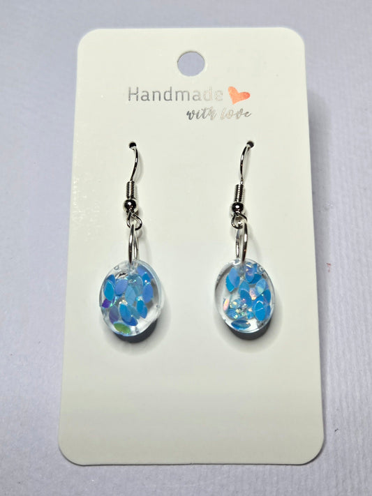 Oval Blue Glitter Resin Drop Earrings