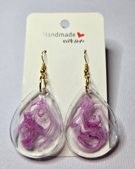 Raindrop (Large) Clear & Pink Swirl Resin Drop Earrings