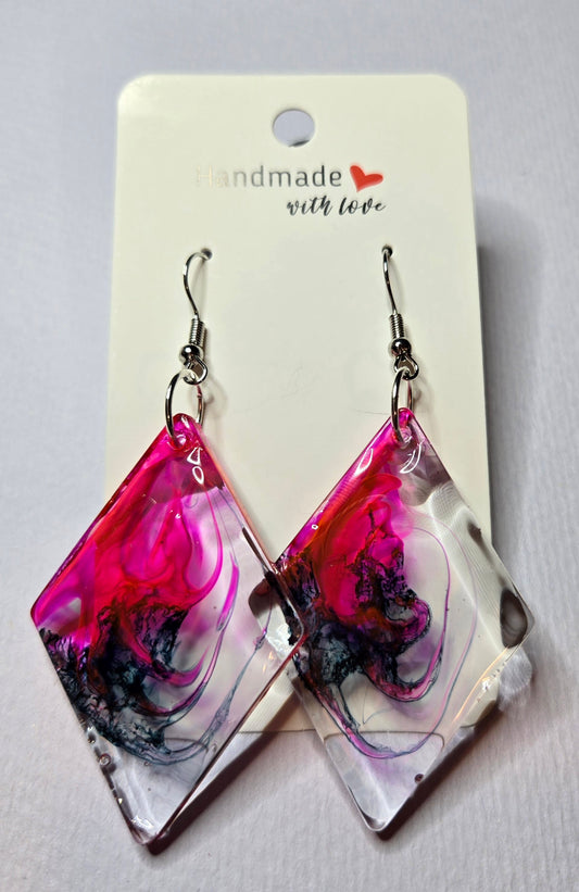 Diamond (Large) Clear Black & Pink Swirl Resin Drop Earrings