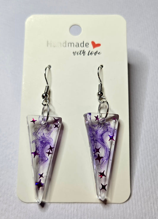 Triangle Clear Pink Stars & Purple Swirl Resin Drop Earrings