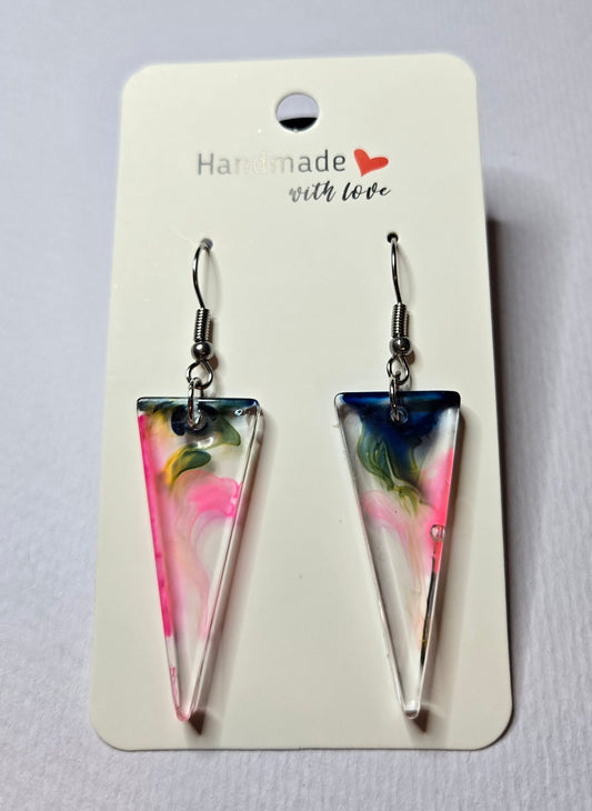 Triangle Black, Pink & Gold Swirl Resin Drop Earrings