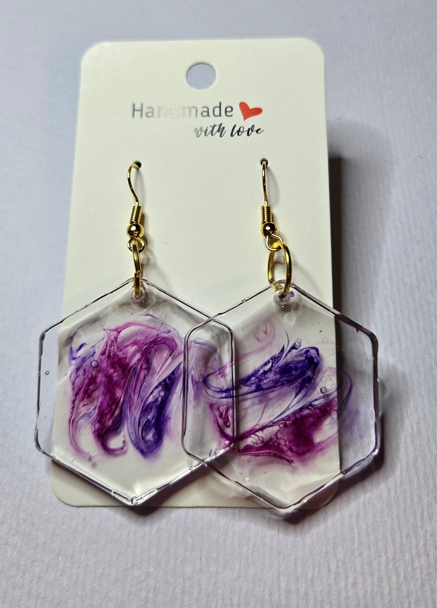 Hexagon Purple & Pink Resin Drop Earrings