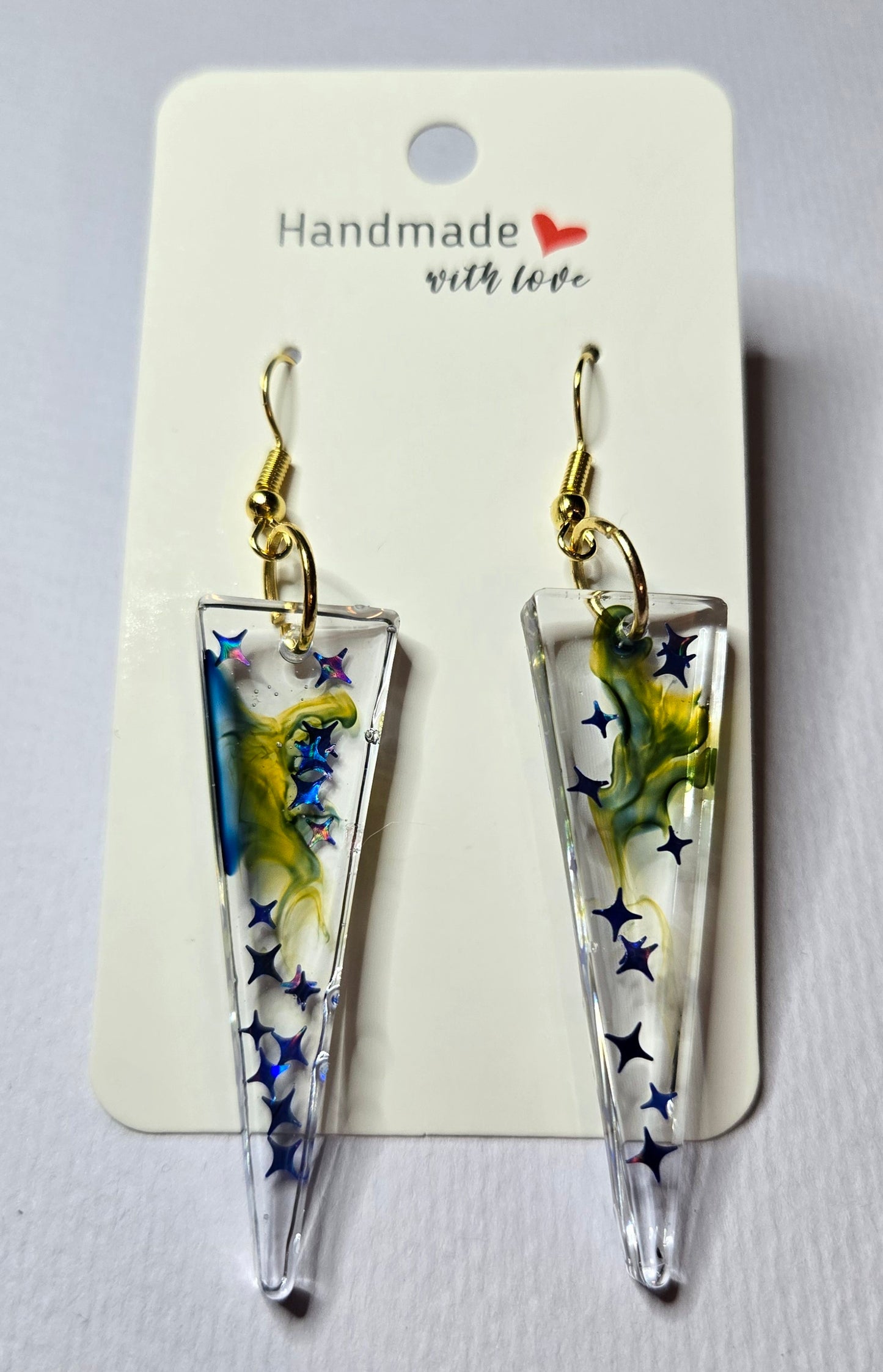 Triangle Clear Blue Stars & Blue & Gold Swirl Resin Drop Earrings