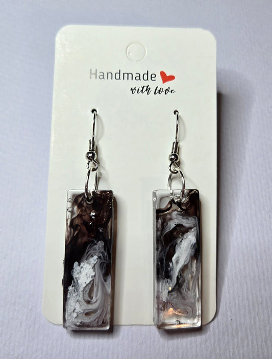 Rectangle Black & White Swirl Resin Drop Earrings