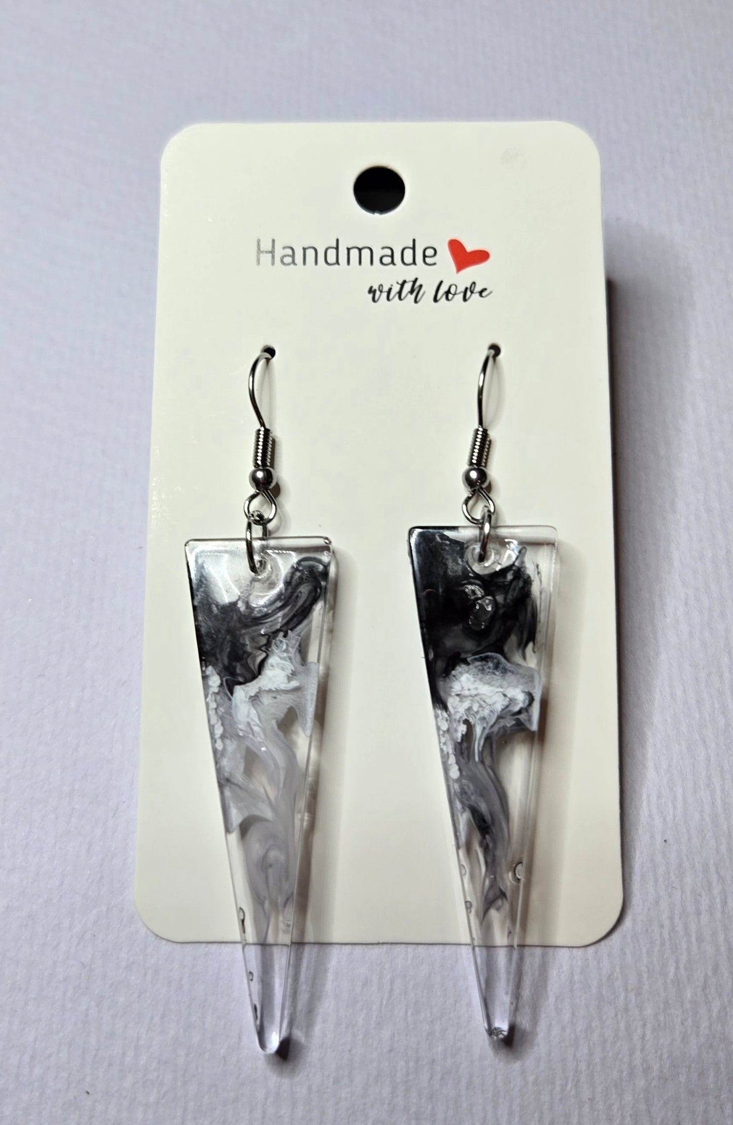 Triangle Black & White Swirl Resin Drop Earrings