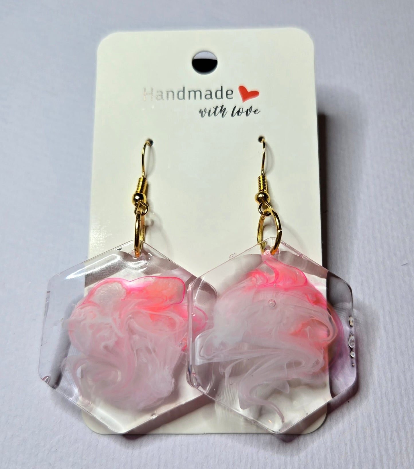 Hexagon Pink & White Resin Drop Earrings