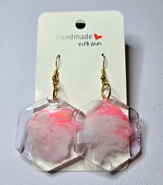 Hexagon Pink & White Resin Drop Earrings