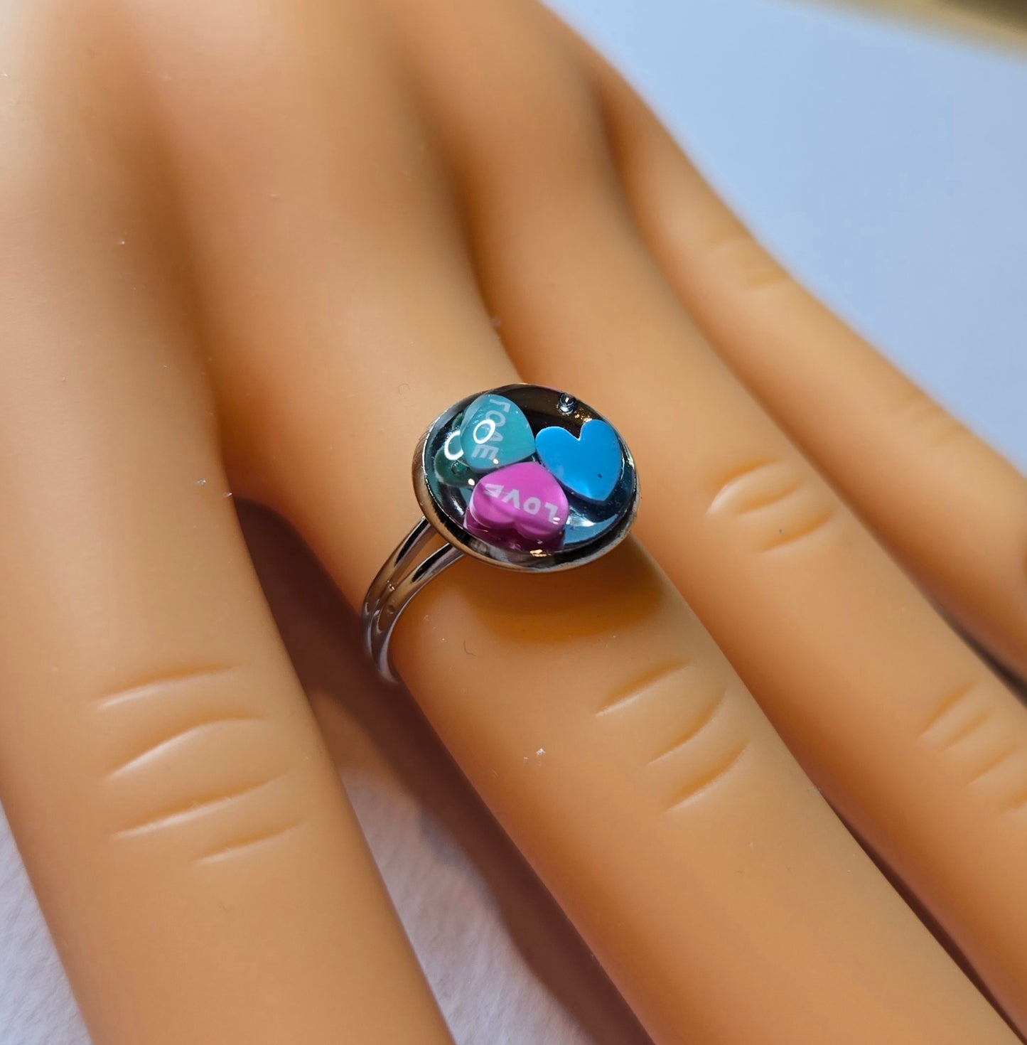 Pink and Blue Hearts Resin Ring