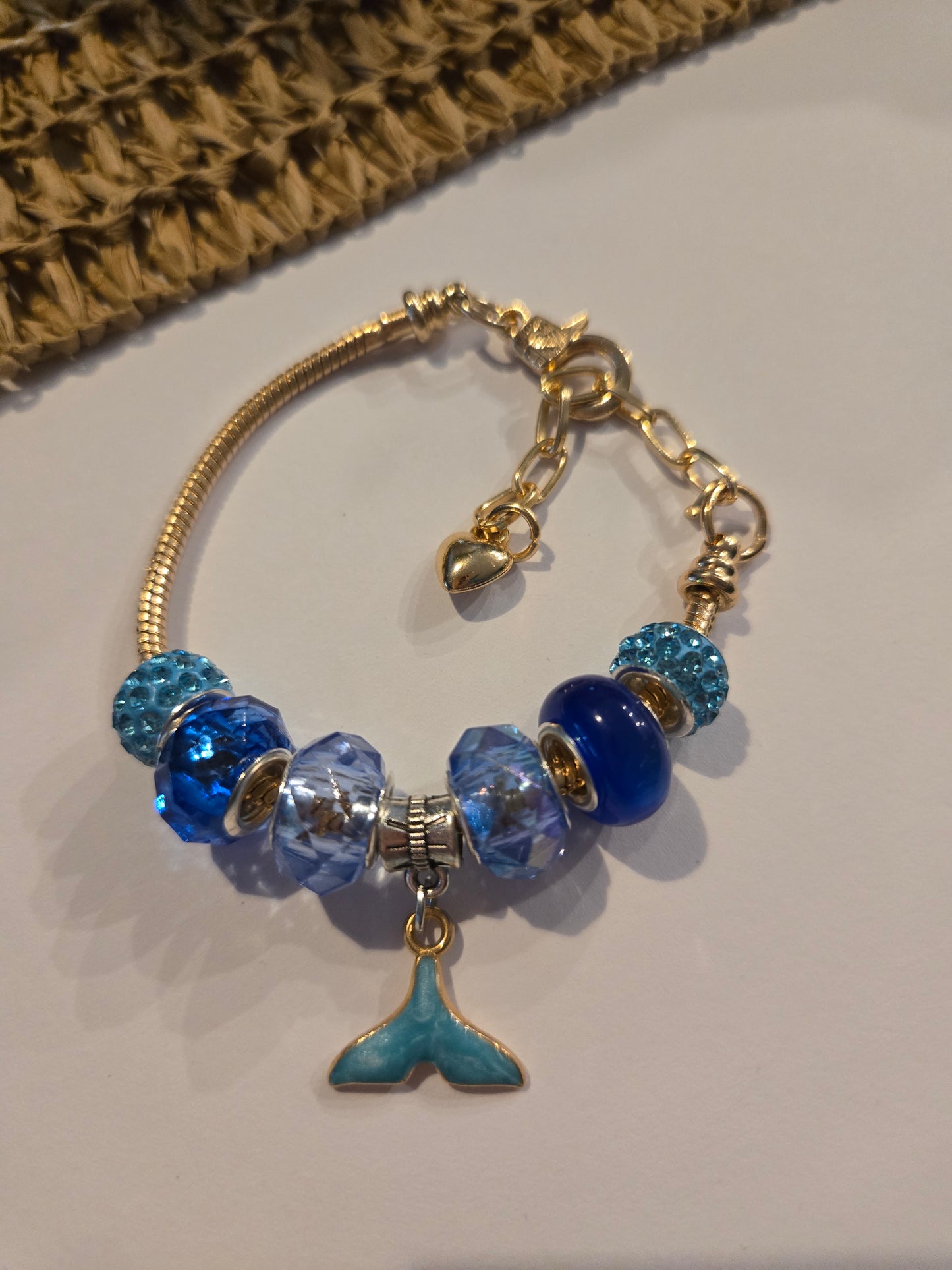 Gold Charm Bracelet Blue with Mermaid Tail Charm