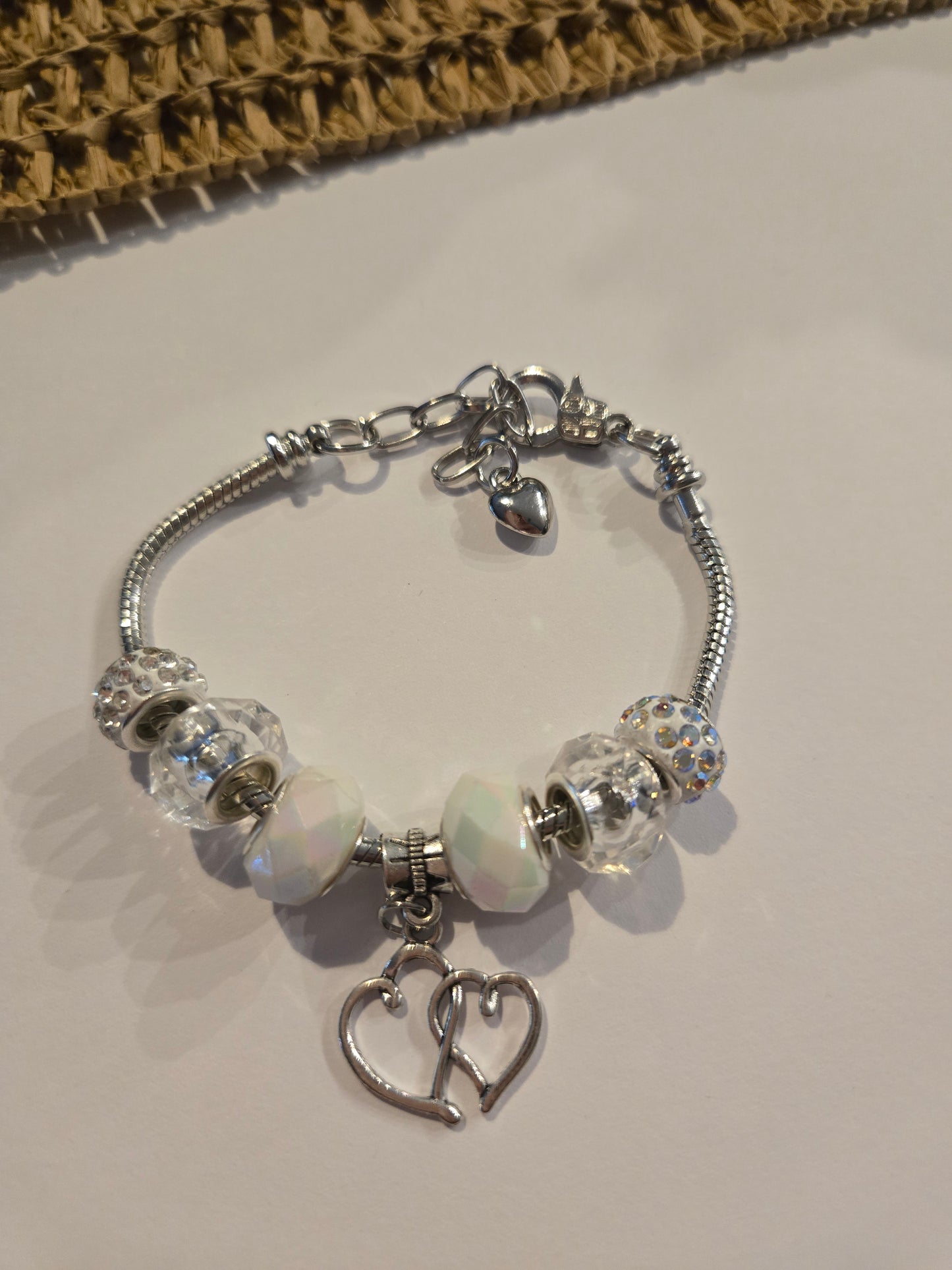 Silver Charm Bracelet with white, clear and sparkle charms and Heart Charm