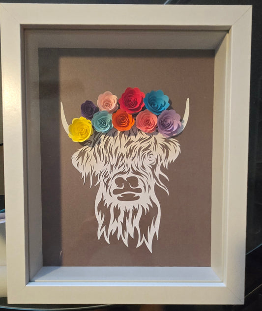 Highland Cow Shadow Box with rolled flowers